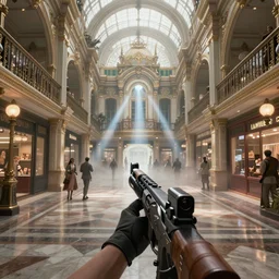 a first person shooter on a victorian shopping mall, cinematic lightning, ray tracing, unreal engine 5, photorealistic, 8 k, uhd, 4 k, fps game concept, extremely detailed, beautiful, elegant, intricate, foggy, in - game footage