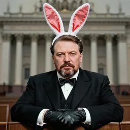 surreal photo portrait of joseph stalin wearing latex gloves and bunny ears on communism party,