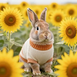 A rabbit wearing a sweater in a field of sunflowers.