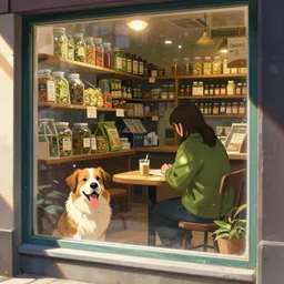 a herbal shop with a drooling dog in the window. slivers of sunlight falling down past the glass across the table where a figure with a green jacket is sitting, digital art, artstation