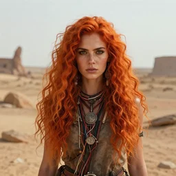 highly detailed portrait of a wasteland long curly fire hair tribal lady, stray wiring by atey ghailan, james gilleard, by joe fenton, by greg rutkowski, by greg tocchini, by kaethe butcher, 4 k resolution, gradient red, orange, black and white color scheme!!! ( ( burning flaming robotic dystopian city background ) )