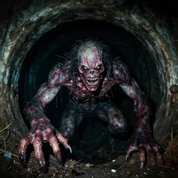flash photography of a disgusting giant horrifying creature inside a very very dark abandoned sewer