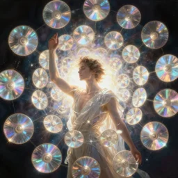 swarm of glowing iridescent discs surrounding a man
