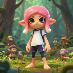 a beautiful fullbody portrait of a cute splatoon anime boy wearing sport clothing and leggings under shorts barefoot in a forest. character design by cory loftis, fenghua zhong, ryohei hase, ismail inceoglu and ruan jia. artstation, volumetric light, detailed, photorealistic, fantasy, rendered in octane