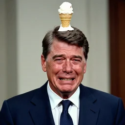 ronald reagan crying, with a ice cream cone on his head