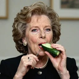 Margaret Thatcher sucking a cucumber, photorealistic