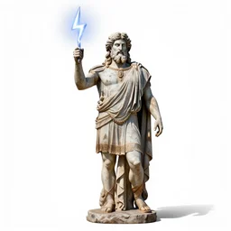 weathered zeus with lightning bolt, studio photography, full body, standing, isolated on a pure white background, centered, whole figure in frame, sharp focus, studio lighting