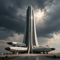 brutalist architecture, sun after a storm, ominous evening, science - fiction, perspective, spaceport, cargo spaceships, crisp, intricate picture by greg rutkowski and simon stalenhag