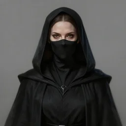 portrait of a woman by greg rutkowski, fully covered face, only her eyes are visible, wearing black robes, evil attitude, star wars expanded universe, she is about 6 0 years old, highly detailed portrait, digital painting, artstation, concept art, smooth, sharp foccus ilustration, artstation hq