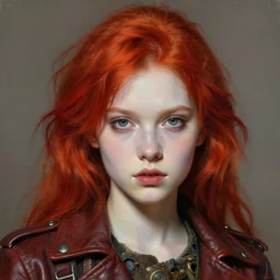 head and shoulders portrait of a young girl in a leather jacket, pale skin, red hair, vibrant color, steampunk, high detail, beautiful painting by artgerm and ruan jia and and norman rockwell and craig mullins