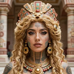 vertical photo closeup of traditionally dressed aztec female in glorious palace, blonde, curly hair, symmetrical beautiful face, cyberpunk tattoos, cyberpunk decorations and jewelry, native costume, standing in the ancient clothing, fashion editorial photography, hyperrealistic, from vogue magazine, reflections, refraction, gold, teal, orange