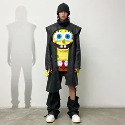 Spongebob in real life wearing Rick Owens clothing, avant garde fashion look and clothes, outfit photograph, trending on r/Streetwear, Rick Owens