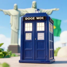 Doctor Who in Brazil, TARDIS, Brazilian flag, Christ the Redeemer in the background