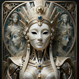 a cyborg empress with mask, art nouveau ivory accessories, cyberpunk, darksynth, luxury, concept art by jama jurabaev, extremely detailed, ominous, ethereal, artstation, andree wallin, edvige faini, balaskas, alphonse mucha, symmetry