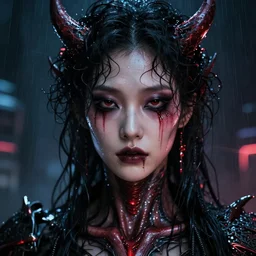facial portrait of a korean demon android with dark smeared makeup, wet curly hair, red tears, neck bite, a dark cyberpunk background, lens flare, rain, deep focus, d & d, intricate, elegant, highly detailed, photo, artstation, blade runner, 8 k, sharp focus, octane, unreal engine 5, global illumination, radiant