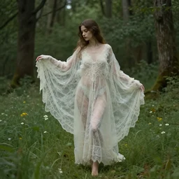 a beautiful young nymph in an artistic pose covered in lace intricate translucent loosen cloths wandering in a dense forest with meadows, highly detailed cinematic digital by artgerm, wlop, by boris vallejo, by alphonse mucha painting