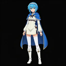 a blue-haired traveller, alchemist girl, short hair, wearing a headband, short pale tunic and white stockings, high boots, azure cape, anime character; full body art, in the Japanese fantasy videogame; character reference sheet; trending on artstation, highly detailed, clean lineart, vector line art, clean, by Ilya kuvshinnikov, black background