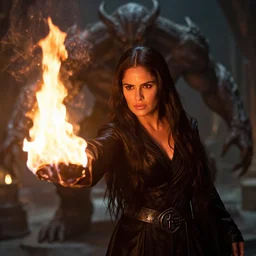 epic photo of salma hayek as beautiful wizard wearing a black satin robe and metal belt in lord of the rings with long straight black hair fighting the terrifying monstrous balrog in the mines of moria, casting a fire spell, sweaty, detailed eyes, neutral expression, shallow depth of field, photorealistic, cinematic lighting, lovely bokeh, dungeon setting, dark moody light, strong rim light, movie quality, fire light, flames, inferno, lord of the rings 1 9 8 5, movie still