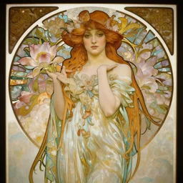 goddess of flowers , by Alphonse Mucha, Hyperrealism, Photorealism, Tilt-shift, High Detail, High Definition