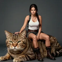 A badass photo of tough looking Selena Gomez as a muscled Lara Croft sitting on her large giant cat beast, f/22, 35mm, 2700K, kodachrome, award winning photography
