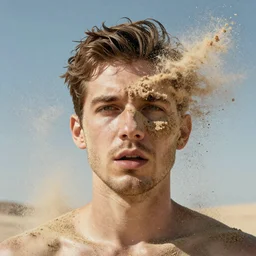trippy artwork of a man\'s face exploding into particles of sand, very detailed, physics simulation, 8k