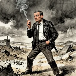 mr bean dressed in leather, smoking a cigarette and looking like a total badass, messy energetic ink in the style of ralph steadman
