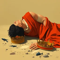 a man sprawled prostrate on the ground in surrender, a crown laying beside him, limited earth tone neutral palette, by petros afshar, anton fadeev, will barnet, beautiful graphic full body portrait, propaganda poster art 1 9 7 0 s illustrated advertising art, painterly character design