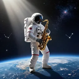 craig mullins and ghibli digital illustration of an astronaut in the middle of the cosmos playing the saxophone, full body, strong contrast, earth, galaxies, ethereal, inviting, bright, raking light from constellations, unreal engine, hyper realism, realistic shading, cinematic composition, realistic render, octane render, detailed textures, photorealistic, wide shot