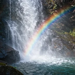 poster art of waterfall cascading onto rocks, small rainbow emerging in background, ethereal, beautiful scenery, intricately meticulously detailed, amazing, glitter, 8 k render octane high definition