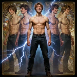 character concept, full body, symmetrical, laughing young man with strong body. detailed, high quality, dynamic lightning, fantasy, scenematic. artwork by artgerm, wlop, alex ross, greg rutknowski, alphonse mucha