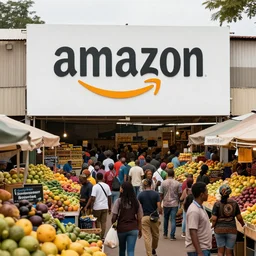 amazon warehouse as african produce market, big crowds, large amazon signage, fruit stands