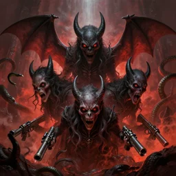 three bat head, demonic parasite, snake, battle in hell, war, despair, guns, digital art, 4 k, fantasy, dungeons and dragons, horror, painted, terror, leesha hannigan, wayne haag, reyna rochin, ignacio fernandez rios, mark ryden, iris van herpen, best on artstation, best on cgsociety
