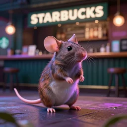 a bipedal mouse is a starbucks barista detailed hyper realistic digital art neon dreamy sharp focus photography 35mm