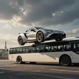 a beautiful sport car jumping in the air over a bus in bordeaux, matte painting, art, detailed, sharp focus, dramatic, cinematic, realistic, coherent, lois van baarle, ilya kuvshinov, rossdraws