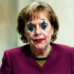 angela merkel as joker in dark knight, airbrush art, drew struzan illustration art, key art, movie poster