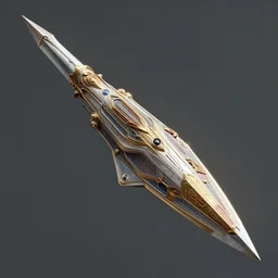 retro art deco space ship in the shape of an spear by greg rutkowski and chris foss, ultra high quality, photo realistic, trending on artstation, octane render