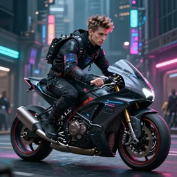 very cool man great hair streetwear, techwear, cyberpunk style outfit, full body, nose piercing, detailed portrait in racing futuristic motorbike, techwear, motorbike bike urban furteistic city, intricate complexity, by greg rutkowski, cushart krentz, artgerm, ross tran, conrad roset, takato yomamoto, ilya kuvshinov. 4 k, cinematic, atmosphere, neon lighting atmosphere, cityscape, hyperrealistic, editorial
