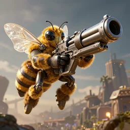 BEE WITH A GIANT GUN  , realistic 4k octane beautifully detailed render, 4k post-processing, highly detailed, intricate complexity, epic composition, magical atmosphere, cinematic lighting, masterpiece, ultra hd