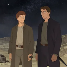 illustrated by moebius and greg rutkowski, starry sky in background, muted colours, land of doom, magazine, cinematic, movie scene