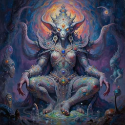 a psychedelic DMT entity deity creature, ultra-detailed visionary art painting by alex grey and jonathan solter