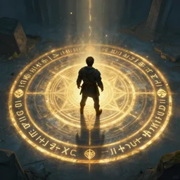 A man stands in a magical circle with runes, Artstation