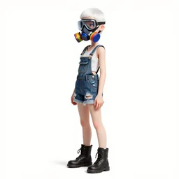 a grungy woman with short white shaved hair, soft eyes and narrow chin, dainty figure, torn overalls, short shorts, combat boots, rainbow colored dust mask, goggles, basic white background, side boob, symmetrical, single person, style of by jordan grimmer and greg rutkowski, crisp lines and color,