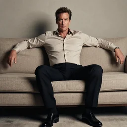 full body photo of steve, mature male, mysterious face. he is sitting gracefully on a sofa, elegant slim beige shirt, tight shirt, bear belly