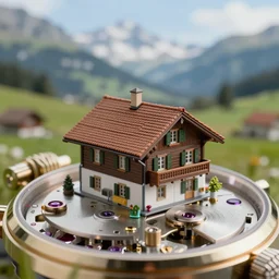 photograph of a beautiful mini Swiss chalet, on a watch mechanism landscape, macro lens, photorealistic, 8K,