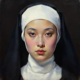 hyperrealism oil painting, complete darkness background, close - up face portrait from up, nun fashion model, small spot of paint on face, in style of classicism mixed with 8 0 s sci - fi japanese books art