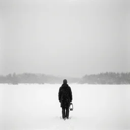 a man holds a lantern, snowstorm, alien landscape, foggy, cold, view from the distance, black and white vintage photo