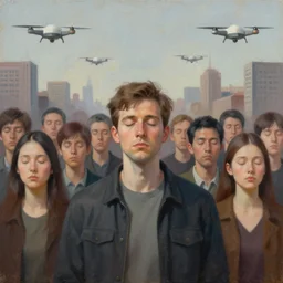 detailed painting of a man standing in a city with his eyes open but everyone else has their eyes closed, crt drones fly above