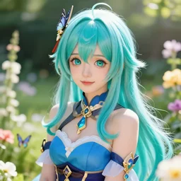portrait of a cute beautiful young woman, with long turquoise hair, big cute eyes, and a blue dress, in a garden full of flowers and Butterflies, intricate jewelry, genshin impact, realistic anime, backlit, volumetric lighting, strong rim light, subsurface scattering, sharp focus, excellent composition, octane render, trending on artstation, 8k