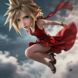epic scene of very attractive final fantasy vii female character, detail face, lovely eyes and detailed lips, cheek, with amazing detail red dress, feet in high heels, side view ) ( fighting ) hyper realistic 3 d render, art station, particles, epic scene, mucha, clouds, seductive jump pose, blur focus, action,
