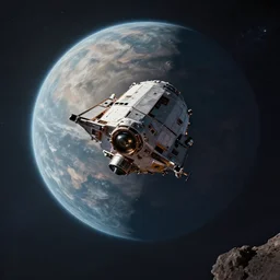 spacecraft arriving at the last habitable planet, shot from a horror film